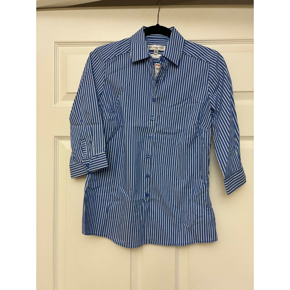 Biz Collection Blue White Stripe Button Shirt Womens Small Petite 3/4 Sleeve